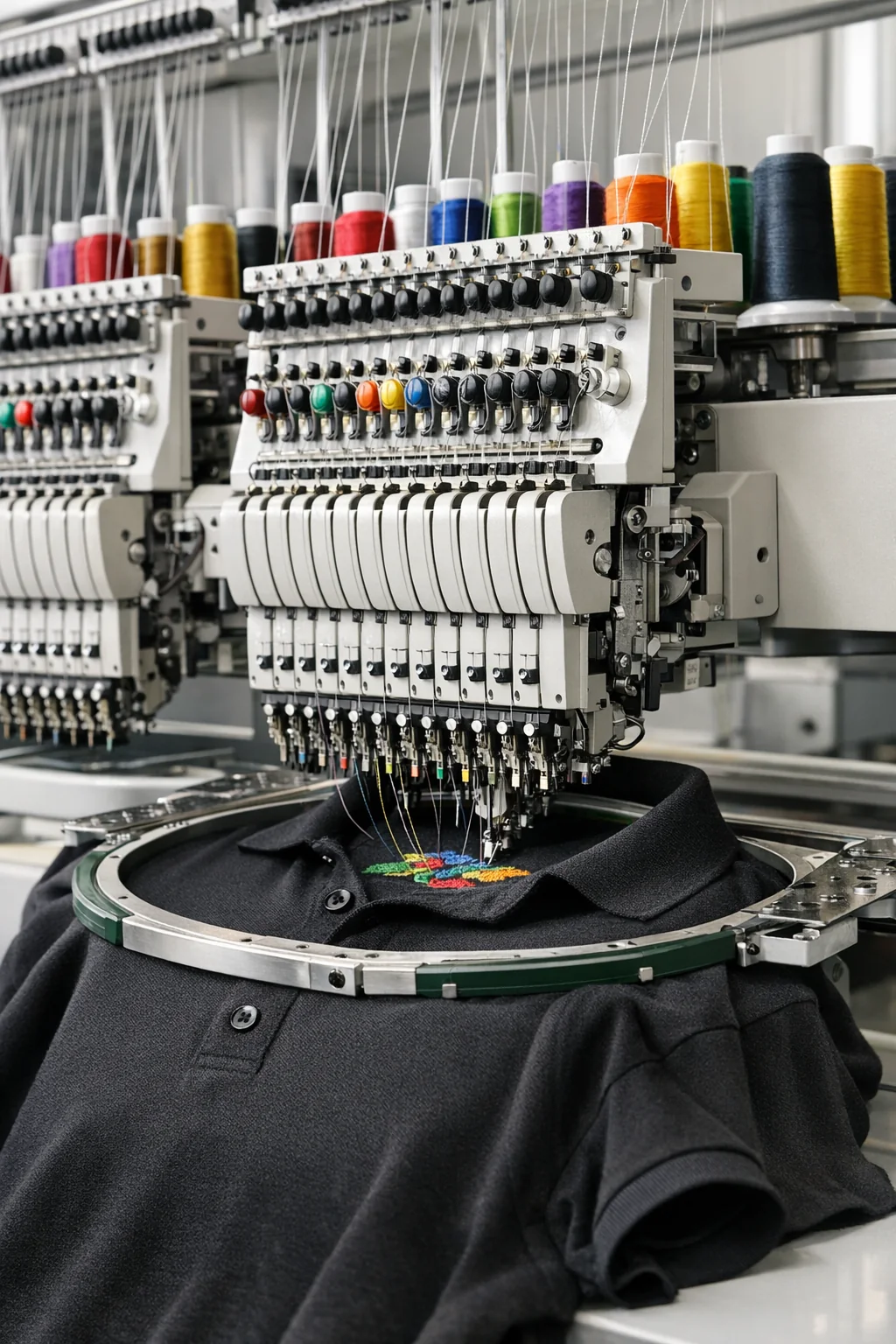 Wielogłowicowa hafciarka przy znakowaniu koszulki polo