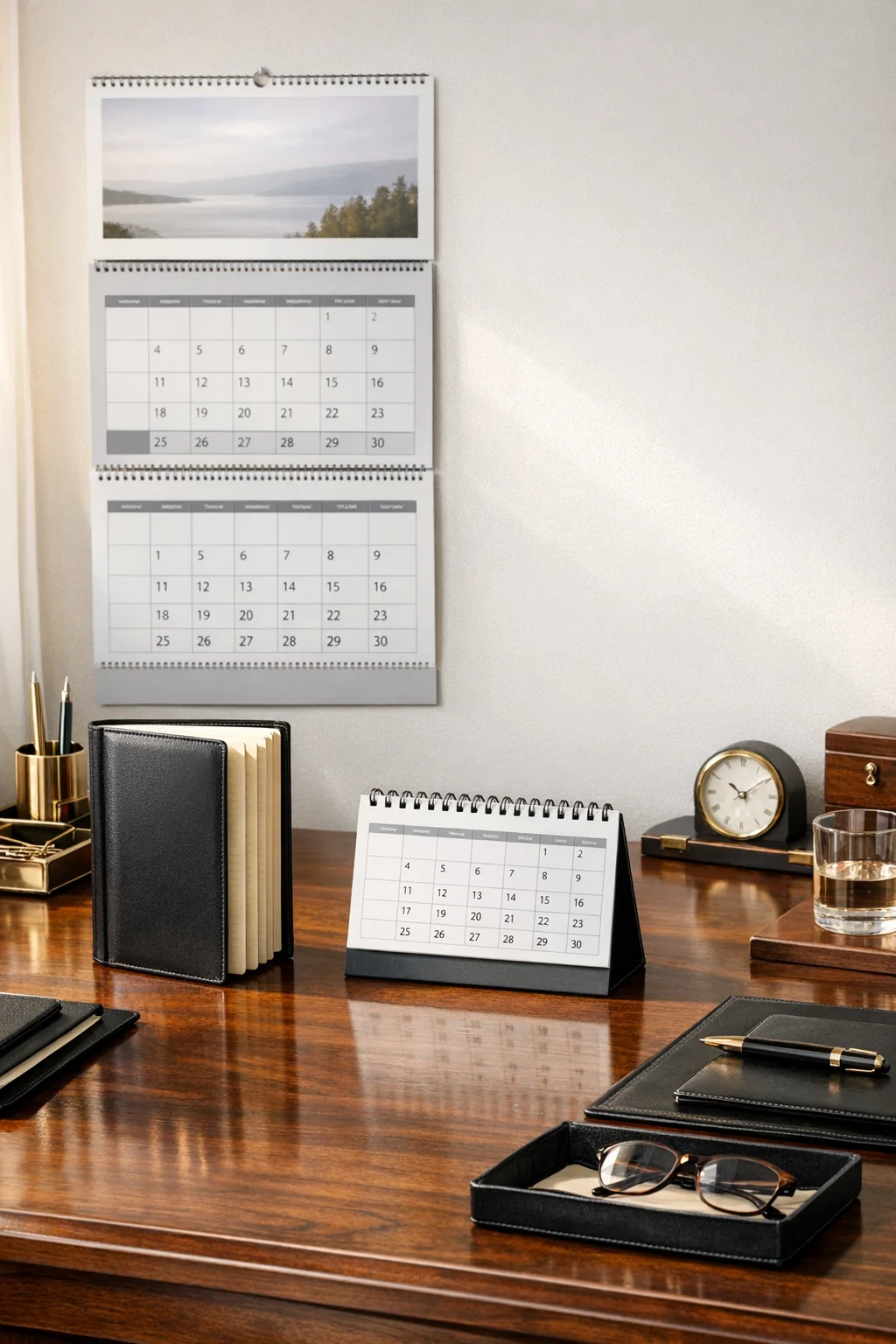 Kalendarze reklamowe ścienne i biurkowe na firmowym biurku