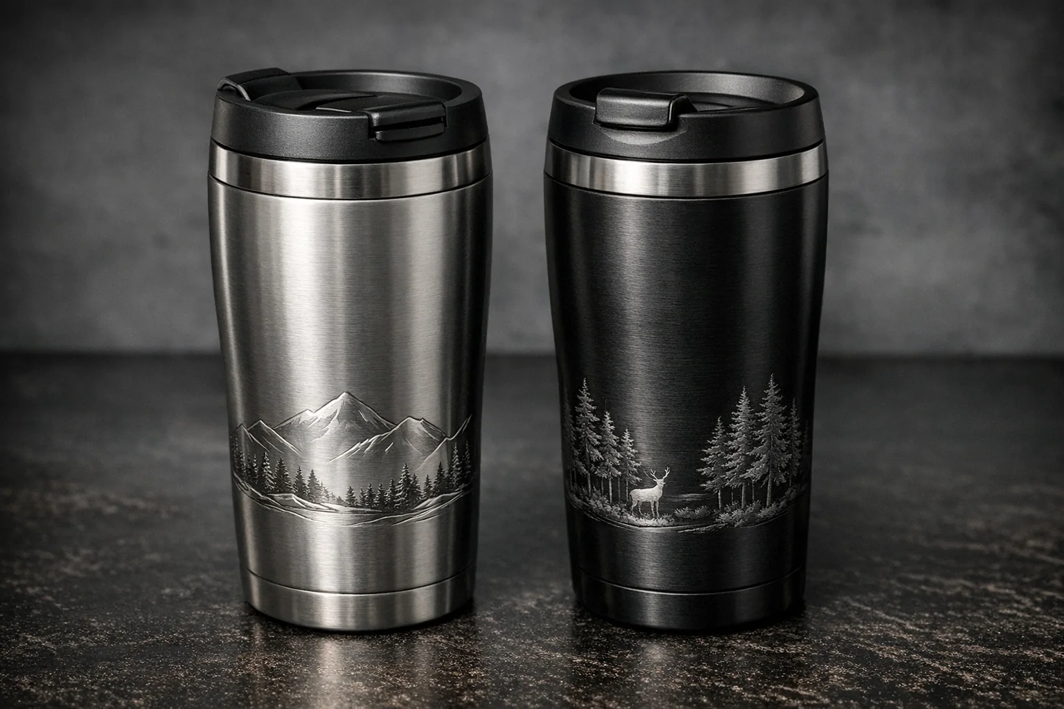 Metalowe kubki termiczne z delikatnym grawerem